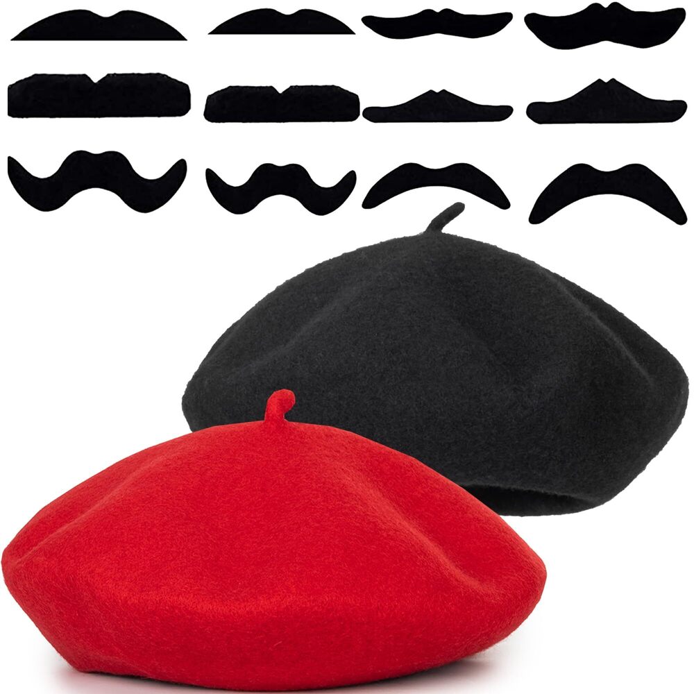 8329 2pcs French Berets For Women Men Halloween Mime Artist Costume With Fake